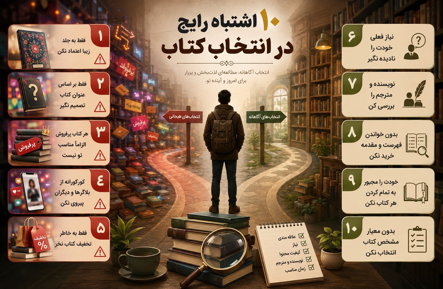 ۱۰ اشتباه رایج هنگام انتخاب کتاب که باعث هدر رفتن وقت و پول شما میشود